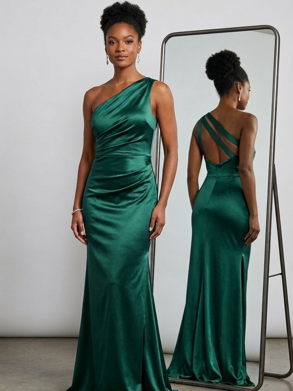 Jenny Yoo Emerald Green Satin One-Shoulder Formal Gown Size 2